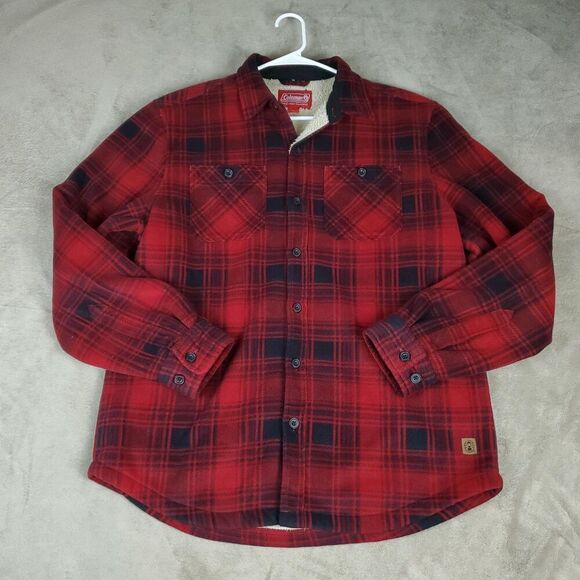Coleman Other - Coleman Sherpa Lined Fleece Jacket Shirt Mens Large Red Plaid Button Up Outdoor